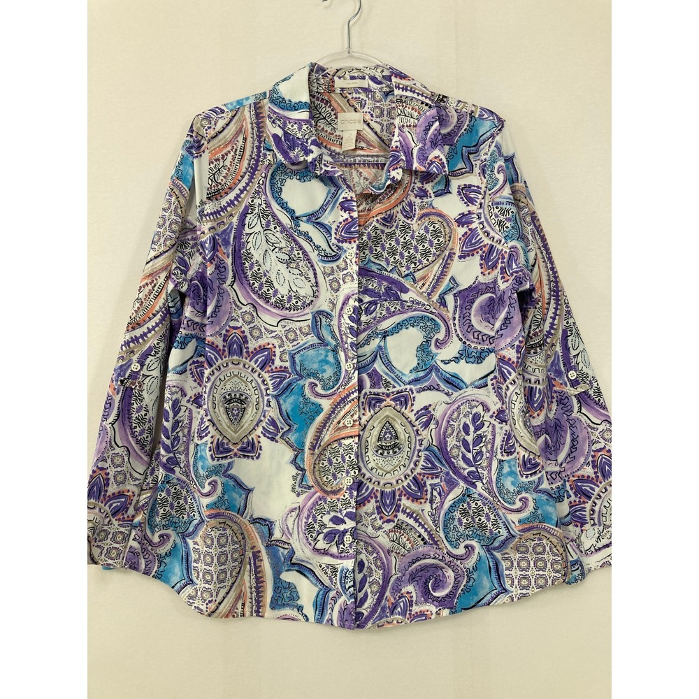 Chico's No-Iron Button Down Shirt size Large/2 Paisley Long Sleeve Preppy